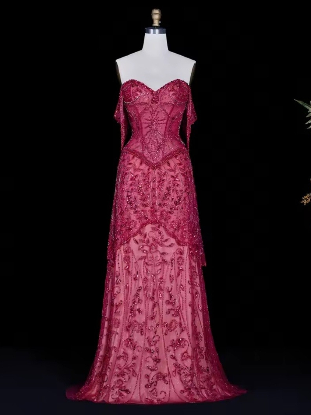 New Beaded Off the Shoulder Fuchsia Dress